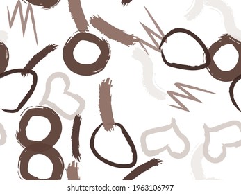 Cute seamless pattern with brush-drawn circles, hearts, strokes. Vector geometric textures with different simple shapes. Naive cute childish art background.