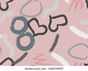 Cute seamless pattern with brush-drawn circles, hearts, strokes. Vector geometric textures with different simple shapes. Naive cute childish art background.