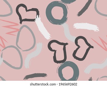 Cute seamless pattern with brush-drawn circles, hearts, strokes. Vector geometric textures with different simple shapes. Naive cute childish art background.