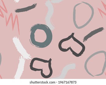 Cute seamless pattern with brush-drawn circles, hearts, strokes. Vector geometric textures with different simple shapes. Naive cute childish art background.