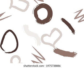 Cute seamless pattern with brush-drawn circles, hearts, strokes. Vector geometric textures with different simple shapes. Naive cute childish art background.