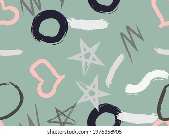 Cute seamless pattern with brush-drawn circles, hearts, strokes. Vector geometric textures with different simple shapes. Naive cute childish art background.