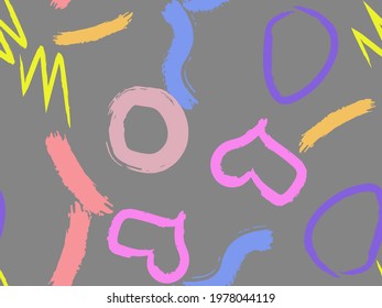 Cute seamless pattern with brush-drawn circles, hearts, strokes. Vector geometric textures with different simple shapes. Naive cute childish art background.