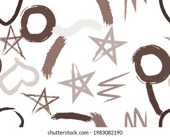 Cute seamless pattern with brush-drawn circles, hearts, strokes. Vector geometric textures with different simple shapes. Naive cute childish art background.