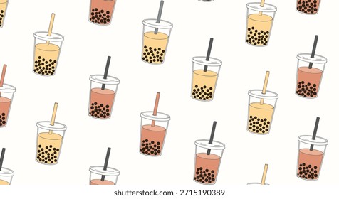 Cute seamless pattern of bubble tea or boba tea cups in a hand-drawn style on a light background. This trendy beverage design is perfect for cafe decor or textiles.