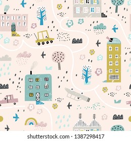 Patrón perfecto con edificios, transporte, árboles, nubes y pájaros. Bueno para los niños tela, textil, papel tapiz de vivero. Un paisaje urbano sin igual. Estilo escandinavo