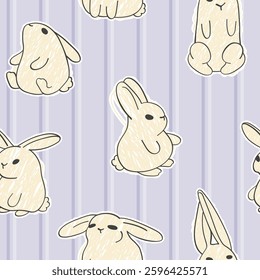 Cute seamless pattern with bunnies. Bright rabbits on a white background. Vector illustration in simple childish hand drawn style.