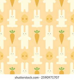 Cute seamless pattern of bunnies, carrots, eggs for happy Easter holiday. Vector illustration, endlessly repeating pattern.