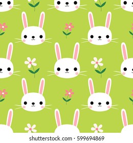 Cute seamless pattern with bunnies and flowers on green background for Easter and spring, for textile and paper