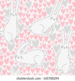 Cute seamless pattern with bunnies and hearts. Cartoon background with rabbits. Romantic and cute pattern. Vector illustration