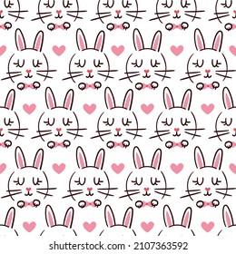 cute seamless pattern with bunnies and hearts isolated on white background. hand drawn line cartoon rabbit, hare. vector print, wrapping paper, textile