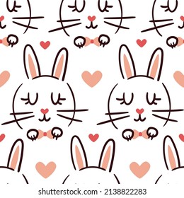 Patrón sin costura con conejitos y corazones aislados en fondo blanco. Caricatura de la línea dibujada a mano Conejo de Doodle, liebre. Impresión vectorial, papel envolvente, textil.