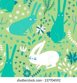 Cute seamless pattern with bunnies and plants. Floral background with rabbits. Children will like this cartoon. Vector illustration