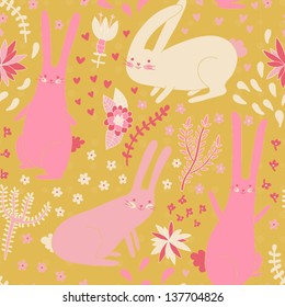 Cute seamless pattern with bunnies and plants. Floral background with rabbits. Children will like this cartoon. Vector illustration
