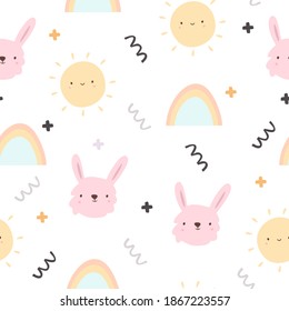 cute seamless pattern with cute bunnies rainbow and sun