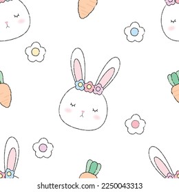 Cute seamless pattern bunny and carrot. Cute rabbit head decorate with cute carrots and flowers. This pattern is designed for fabric printing. and other print media.