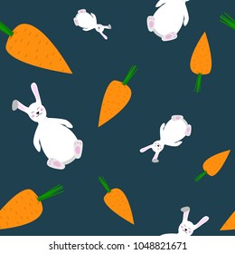 Cute seamless pattern of bunny and carrots on dark blue background cartoon style vector illustration