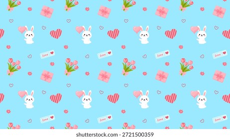 Padrão perfeito bonito com coelhinhos segurando o balão do coração, flores, bilhete de amor e presentes no fundo azul claro.expressing romance, doçura, perfeito para projetos de Valentim, papel de embalagem