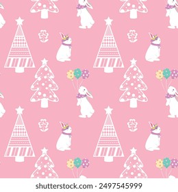 Lindo patrón sin fisuras con conejito, flor y árbol de Navidad. Fondo rosa. Perfecto para la ropa de los niños, diseño de tarjeta de felicitación, impresión de tela, baby shower, diseño de papel de embalaje y textiles de decoración.