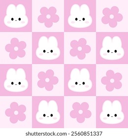 Cute seamless pattern with bunny and flowers. Checkered pink background. Vector texture for print, textile, fabric.