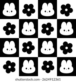 Cute seamless pattern with bunny and flowers. Checkered black and white background. Vector texture for print, textile, fabric.