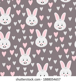 Cute seamless pattern with bunny and hearts in children s style. Vector illustration on a gray background. Wallpaper wrapping paper.