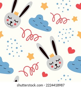 Cute seamless pattern with bunny, hearts, clouds and stars. Great for fabric, notepads, clothes and pillows. Vector background, cute, cartoon, happy, character, graphic, sweet, baby, dream, dream