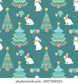 Cute seamless pattern with bunny, mushroom and Christmas tree. Perfect for kids apparel, greeting card design, fabric print, baby shower, wrapping paper design, baby prints and decor textiles.