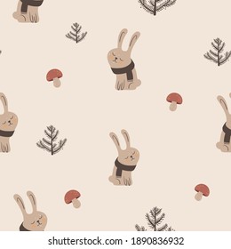 Cute seamless pattern with bunny, mushrooms and trees. Hand drawn vector illustration.