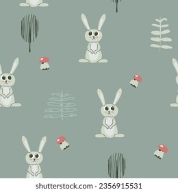 Cute seamless pattern with bunny, mushrooms and trees. Childish texture for fabric, textile, apparel, nursery decoration. Hand drawn vector illustration.