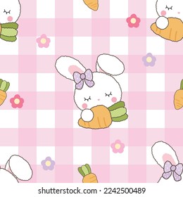 Cute seamless pattern bunny on pink plaid decorate with cute carrot and flower.