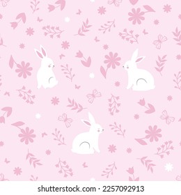 Cute seamless pattern with bunny and pink flowers and leaves