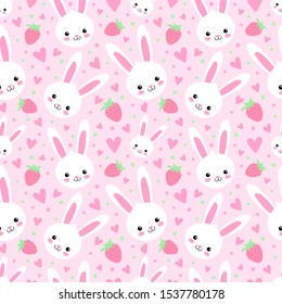 Cute seamless pattern with bunny, strawberries and hearts.  Scandinavian happy rabbit. Endless background, baby fabric, gift wrap. vector illustration