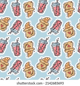 cute seamless pattern with buns and drink on blue background. vector hand drawn art. doodle illustration