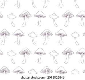 Cute seamless pattern from the burgundy contours of magic mushrooms on a white background. The elements of the pattern are evenly spaced, in even rows. Hand drawn vector illustration