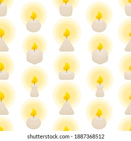 Cute seamless pattern with burning candles of different shapes. White background. Flat style illustration.