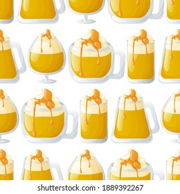 Cute seamless pattern with butter beer glasses of different shapes. White background. Flat style illustration.