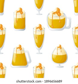 Cute seamless pattern with butter beer glasses of different shapes. White background. Flat style illustration.