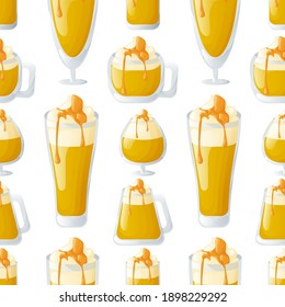 Cute seamless pattern with butter beer glasses of different shapes. White background. Flat style illustration.