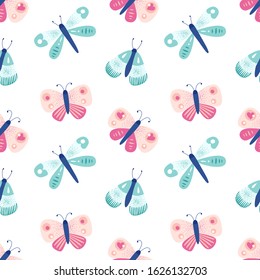 Cute seamless pattern with butterflies. Beautiful print with insects for textile, fabric, wrapping, fabric, wallpaper. Vector illustration.