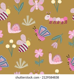 Cute seamless pattern with butterflies, bees, caterpillars and snails, grass, flowers and tulips on blue background. suitable for wallpaper fabric pattern and print.