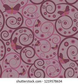 Cute Seamless Pattern - Butterflies, Flowers and Swirls