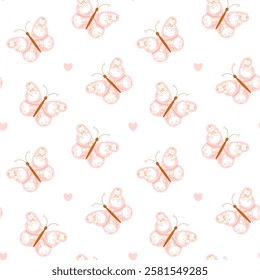 Cute seamless pattern with butterflies and hearts. Vector seamless pattern with pink butterflies and flowers in wings. Perfect for baby shower, kids textile, fabric, wrapping paper and so on