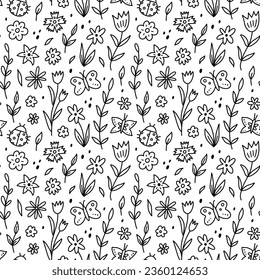 Cute seamless pattern with butterflies, ladybugs, spring flowers and leaves. Vector hand-drawn doodle illustration. Perfect for holiday designs, print, decorations, wrapping paper, wallpaper.