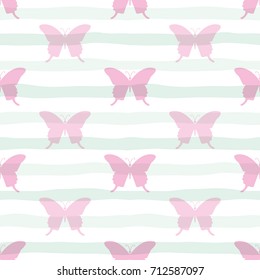 Cute seamless pattern with butterflies on stripped background.