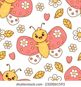 Rein nahtloses Muster mit Schmetterling und Blumen auf weißem Hintergrund. Groovy Retro Vektorgrafik für Kinderkollektion, Tapete, Design, Textilien, Verpackung, Dekoration