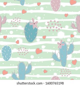 Cute seamless pattern with cacti and hearts on blue background. Vector Illustration