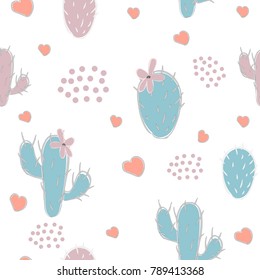 Cute seamless pattern with cacti and hearts on white background. Vector Illustration