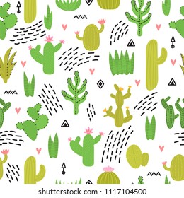 Cute seamless pattern with cacti and succulents, hand drawn flowers. Background with home garden, cartoon plants. Vector illustration