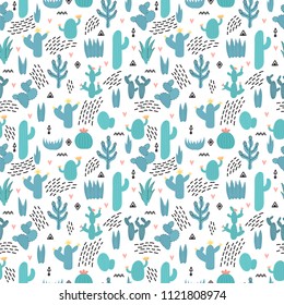 Cute seamless pattern with cacti and succulents, hand drawn flowers. Background in scandinavian style with cartoon plants. Desert ornament. Vector illustration